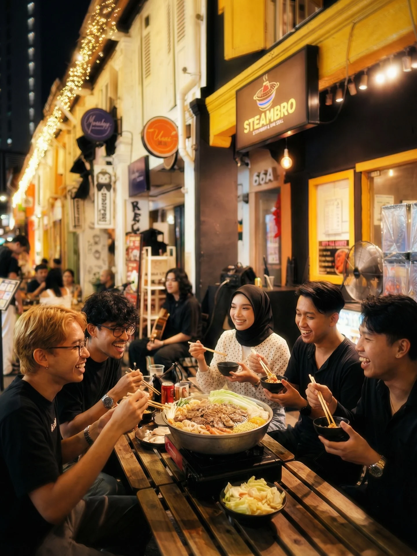 Friends around a steamboat outside Steambro on Haji Lane at night, the yellow sign lit up above