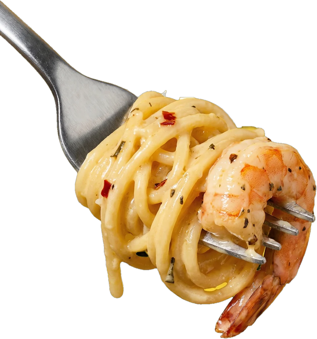 Creamy prawn pasta twirled on a fork