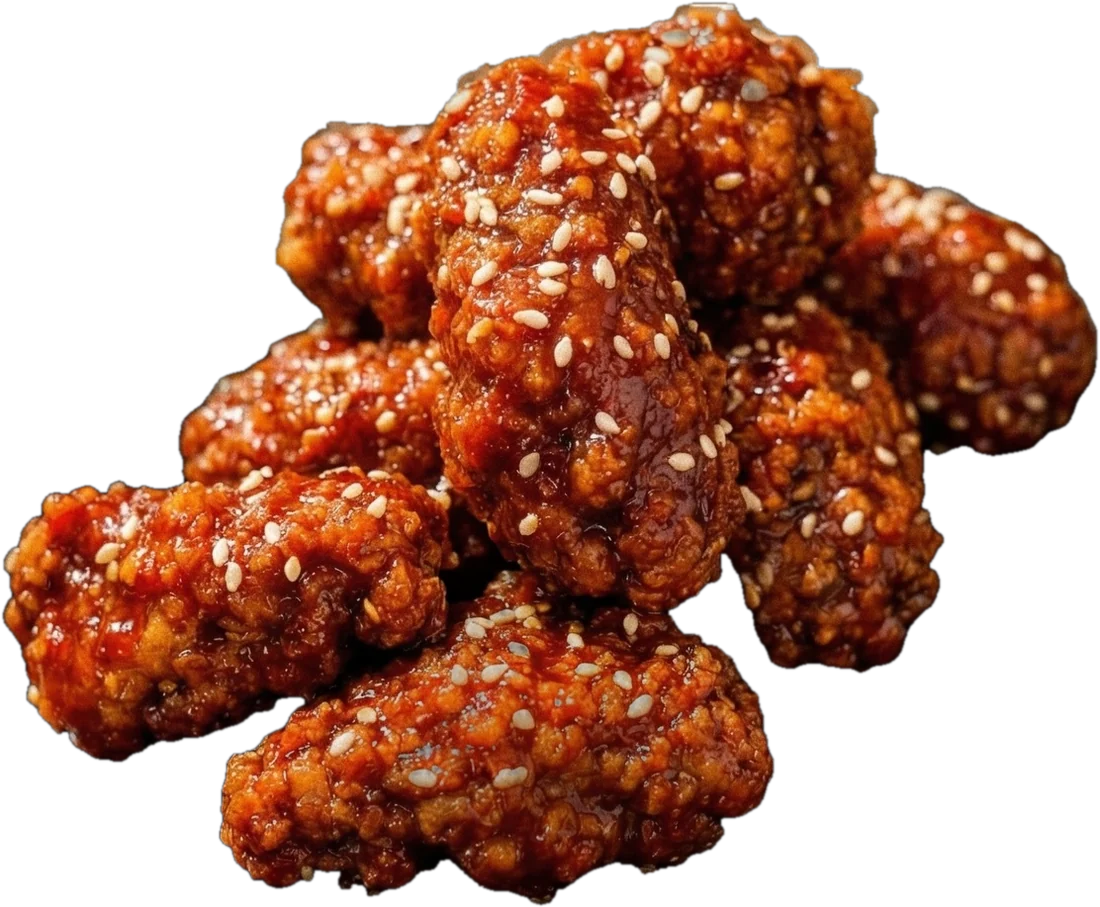 A pile of Steambro's glazed fried chicken with sesame